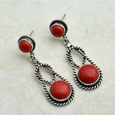 Brincos pendurados de gota feitos à mão de pedra preciosa coral presente joia 1,6" AE-41072 comprar usado  Enviando para Brazil