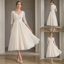 Vestido de noiva curto champanhe comprimento chá elegante mangas compridas renda vestidos de noiva comprar usado  Enviando para Brazil