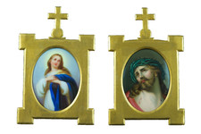 Antigua Pareja De Miniatura De Porcelana Retrato Virgen Y Cristo Marco De Bronce comprar usado  Enviando para Brazil