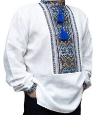 Camisa masculina de linho branca mão ucraniana bordada azul amarela VYSHYVANKA comprar usado  Enviando para Brazil