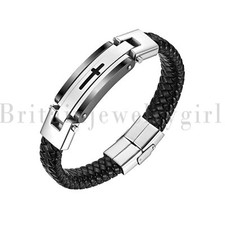 Pulseira masculina trançada de couro cruzado aço inoxidável punho religioso comprar usado  Enviando para Brazil
