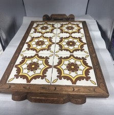 Usado, Bandeja de servir vintage mexicana esculpida à mão em madeira e azulejo 14-3/8 X 10” + alças T17 comprar usado  Enviando para Brazil