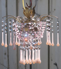 Candelabro vintage cachoeira rosa opalina bronze tole lâmpada SWAG cristal frisado, usado comprar usado  Enviando para Brazil