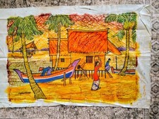 Pintura vintage Batik assinada Hoon Seang Singapore Village Life 33" X 23" comprar usado  Enviando para Brazil