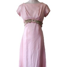 Vestido formal vintage anos sessenta, cetim rosa floral cintura império, maxi longo comprar usado  Enviando para Brazil