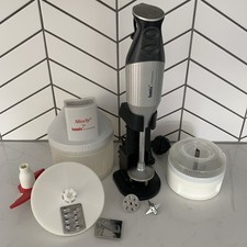 Używany, Bamix Swissline Blender ręczny 200w + stojak 2 nasadki i procesor SliceSy na sprzedaż  Wysyłka do Poland