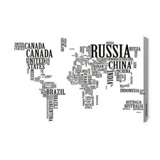 Obraz na płótnie Mapa Świata Typograficzna Czarno-biała  Premium Canvas na sprzedaż  PL