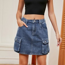 Mini saia jeans azul dividida meia saia pacote quadril bolsos saia M comprar usado  Enviando para Brazil
