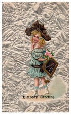Cartão postal de aniversário de 1910 menina com placa de lembrança texturizada em relevo comprar usado  Enviando para Brazil