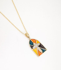 Colar cruzado janela vidro manchado multicolorido ouro amarelo 14K P357-Fox 1113 comprar usado  Enviando para Brazil