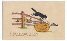 Cartão postal de Halloween Pink Perfection Fairman Co. gato pulando sobre cerca e JOL, usado comprar usado  Enviando para Brazil