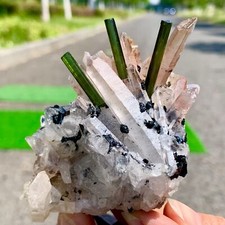219G Naturalny zielony turmalin ze specularitem kwarcowym skupiskiem kryształów mineralnych, używany na sprzedaż  Wysyłka do Poland