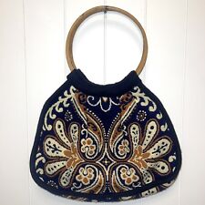 Bolso de Mano Alfombra Floral Tostado Azul Marino Vintage Mango de Bambú Boho Mod Cartera Tapiz segunda mano  Embacar hacia Argentina