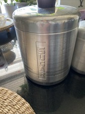 Vaso de açúcar vintage fiado alumínio escovado botão preto cozinha armazenamento MCM comprar usado  Enviando para Brazil