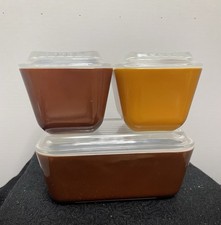 Antigo Conjunto de geladeira Pyrex Old Orchard marrom caramelo 501/502 com tampas conjunto 3 comprar usado  Enviando para Brazil