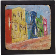 CENTAVO MEADOS DO SÉCULO 20 c.1960'S VINT PINTADO À MÃO CIMENTO PAISAGEM URBANA AZULEJO ARTE, MOLDURA DE MADEIRA comprar usado  Enviando para Brazil