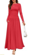 Vestido maxi feminino ZESICA manga longa primavera 2025 gola redonda malha casual fino vermelho, usado comprar usado  Enviando para Brazil