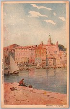 Cartão postal antigo colorido veleiros cena pescador Menton, França década de 1910 comprar usado  Enviando para Brazil