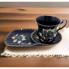 Conjunto de prato de lanche xícara de café chá europeu vintage azul cobalto ouro branco floral comprar usado  Enviando para Brazil