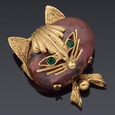 Broche vintage ouro amarelo 14K rosa marrom oceano jaspe e pasta verde gato, usado comprar usado  Enviando para Brazil