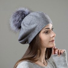 Usado, Chapéu feminino boina lã malha lã pele real pompom boné qualidade superior chapéus gorros comprar usado  Enviando para Brazil
