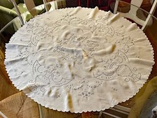 Toalha de mesa redonda vintage madeira bordada linho Broderie Anglaise XX632 comprar usado  Enviando para Brazil