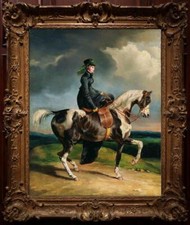 Pintura a óleo antiga feita à mão Master-Art antiga feminina menina cavalo sobre tela 24"X36", usado comprar usado  Enviando para Brazil
