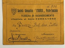1920 Tessera sport SOCIETA' GINNASTICA ETRURIA PRATO TOSCANA Socio FONDATORE comprar usado  Enviando para Brazil