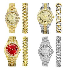 Conjunto de pulseira de relógio de pulso masculino luxo aço inoxidável data strass completo quartzo comprar usado  Enviando para Brazil