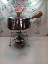 Usado, Conjunto de fondue antigo bandeja base queimador suporte panela aço inoxidável com detalhes em madeira ** LEIA ** comprar usado  Enviando para Brazil