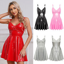 Vestido feminino de couro sem mangas metálico linha A roupas tiras gola V fantasia, usado comprar usado  Enviando para Brazil