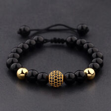 Pulseiras de macramê luxuosas masculinas naturais de lava preta zircão micro pavê redondas com miçangas comprar usado  Enviando para Brazil