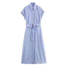 Usado, Vestido longo de linho com cinto listrado azul branco verão relaxado maxi feminino comprar usado  Enviando para Brazil