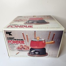 Antigo Novo Conjunto de Fondue de Porcelana Esmalte 2 Quartos Amarelo M. Kamentein 6 Garfos MCM NOS comprar usado  Enviando para Brazil