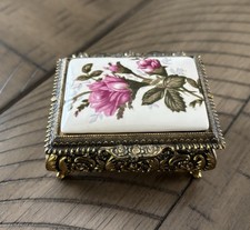 Caixa de joias vintage bugigangas estanho tom dourado metal floral - Japão comprar usado  Enviando para Brazil