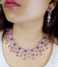 Conjunto nupcial indio Bollywood enchapado en plata joyería pendientes circonita cúbica étnica AD collar segunda mano  Embacar hacia Mexico