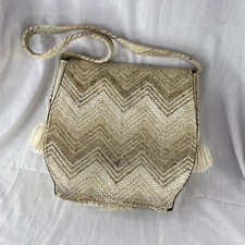 Bolsa de ombro feita à mão anos 70 tecido tapeçaria bege creme franja fecho lateral aba comprar usado  Enviando para Brazil