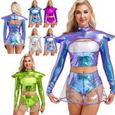 Roupas alienígenas metálicas femininas fantasia astronauta espacial recorte brilhante conjunto superior + saia comprar usado  Enviando para Brazil