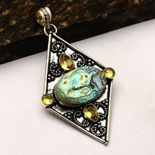 Usado, Pingente de pedra preciosa étnica feito à mão concha Abalone 3,4" AP-16602 comprar usado  Enviando para Brazil