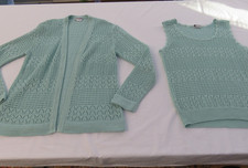 DEBENHAMS VINTAGE DUCK EGG POINTELLE PODWÓJNY ZESTAW KARDIGAN BEZ RĘKAWÓW SWETER UK 12 na sprzedaż  Wysyłka do Poland