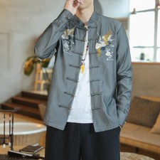 Usado, Men's Embroidered Crane Shirt Jacket Coat Frog Button Kungfu Blouse Top Casual comprar usado  Enviando para Brazil