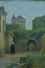 Pintura paisagem antiga vista animada de Landes castelo arco assinado Duchateau comprar usado  Enviando para Brazil