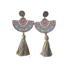 Brincos de borla pendurados de madeira boho chique meio círculo cores vibrantes estampa étnica, usado comprar usado  Enviando para Brazil