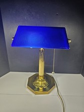 Abajur de mesa vintage azul cobalto vidro sombra banqueiros base dourada Underwriters Lab Co. comprar usado  Enviando para Brazil
