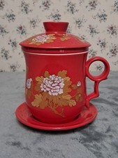 Taza infusora de porcelana Teavana Tea Bone China roja con flores rosadas y doradas segunda mano  Embacar hacia Mexico