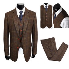 Terno masculino clássico mistura de lã tweed 3 peças xadrez marrom listrado blazer personalizado comprar usado  Enviando para Brazil