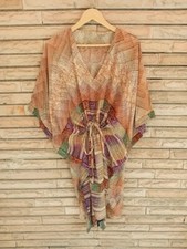 Vestido Crepe Túnica Caftán Midi Mujer Pareo Estampado Beige KFNM1195 comprar usado  Enviando para Brazil