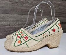 Zapatos de cuña tejidos vintage años 60 70 para mujer talla 8 bordados vegetales segunda mano  Embacar hacia Argentina