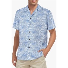 Camisa de acampamento estampa azul folha de palmeira manga curta botão para cima casual tamanho M nova sem etiquetas comprar usado  Enviando para Brazil