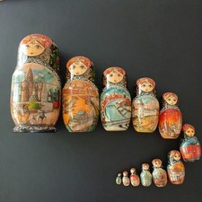Boneca russa pintada à mão Matrioshka vintage cenas da cidade assinada 12 bonecas comprar usado  Enviando para Brazil
